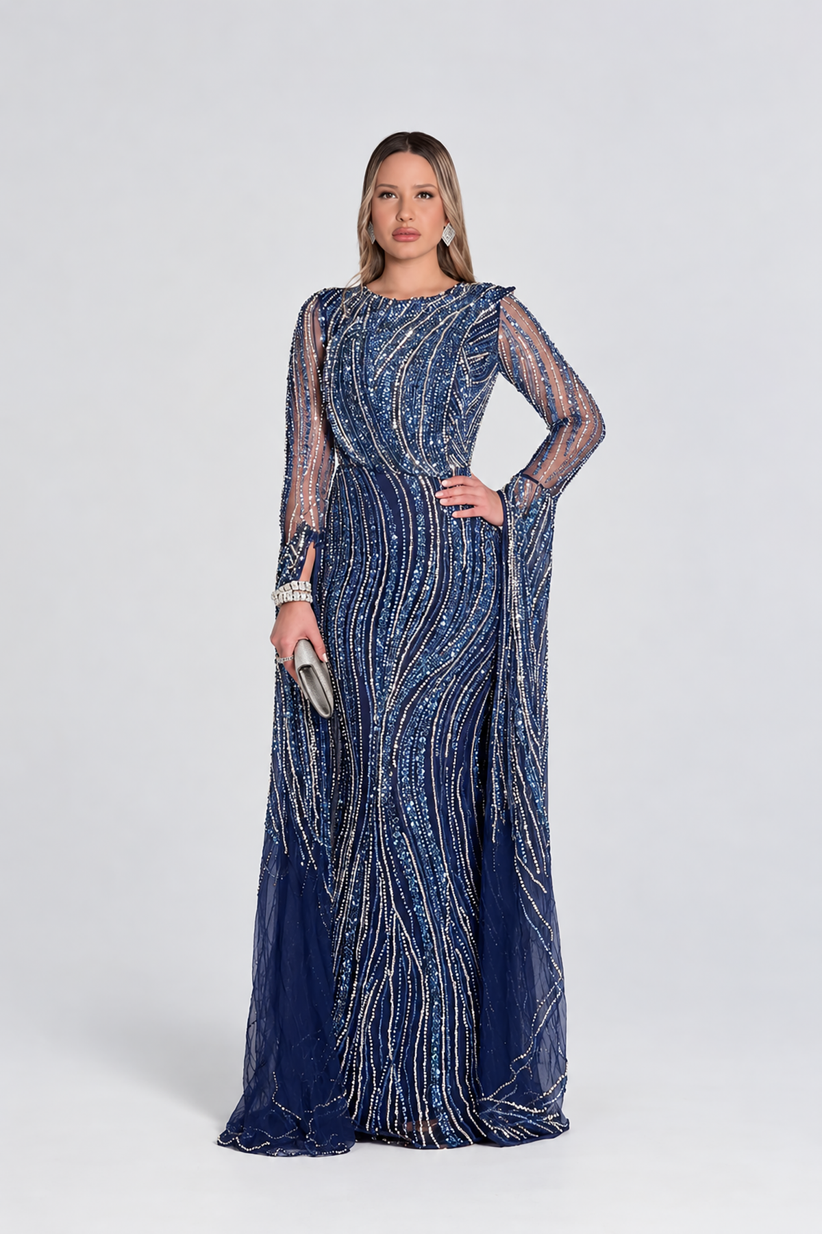 Asman Embellished Dramatic  Cape Long Sleeve Modest Evening Dress