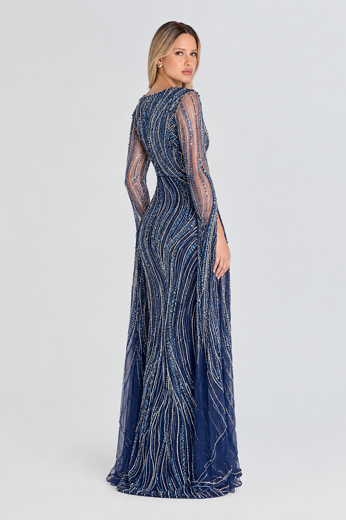 Asman Embellished Dramatic  Cape Long Sleeve Modest Evening Dress