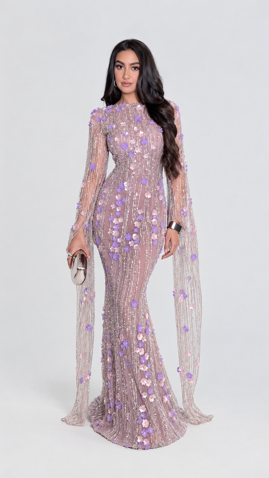 Basima Long Sleeve Floral Sequin Embellished Modest Evening Dress