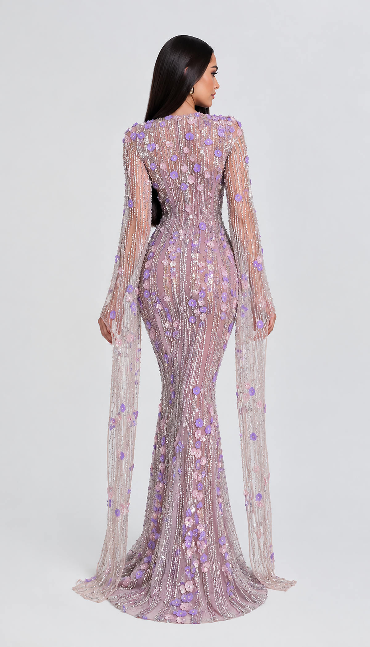 Basima Long Sleeve Floral Sequin Embellished Modest Evening Dress