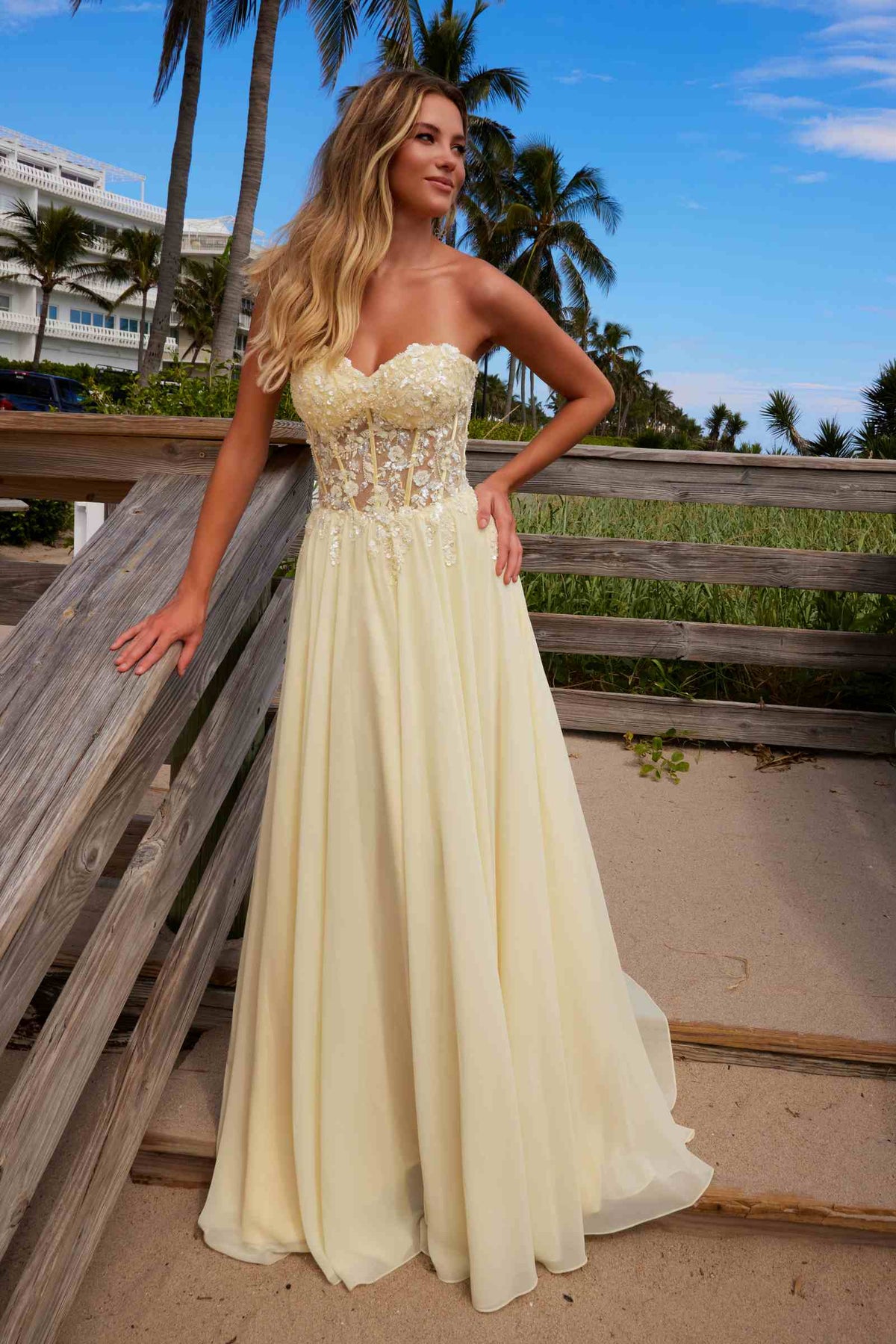 Nox Anabel C1617 Strapless Applique Corset with Chiffon Skirt Dress