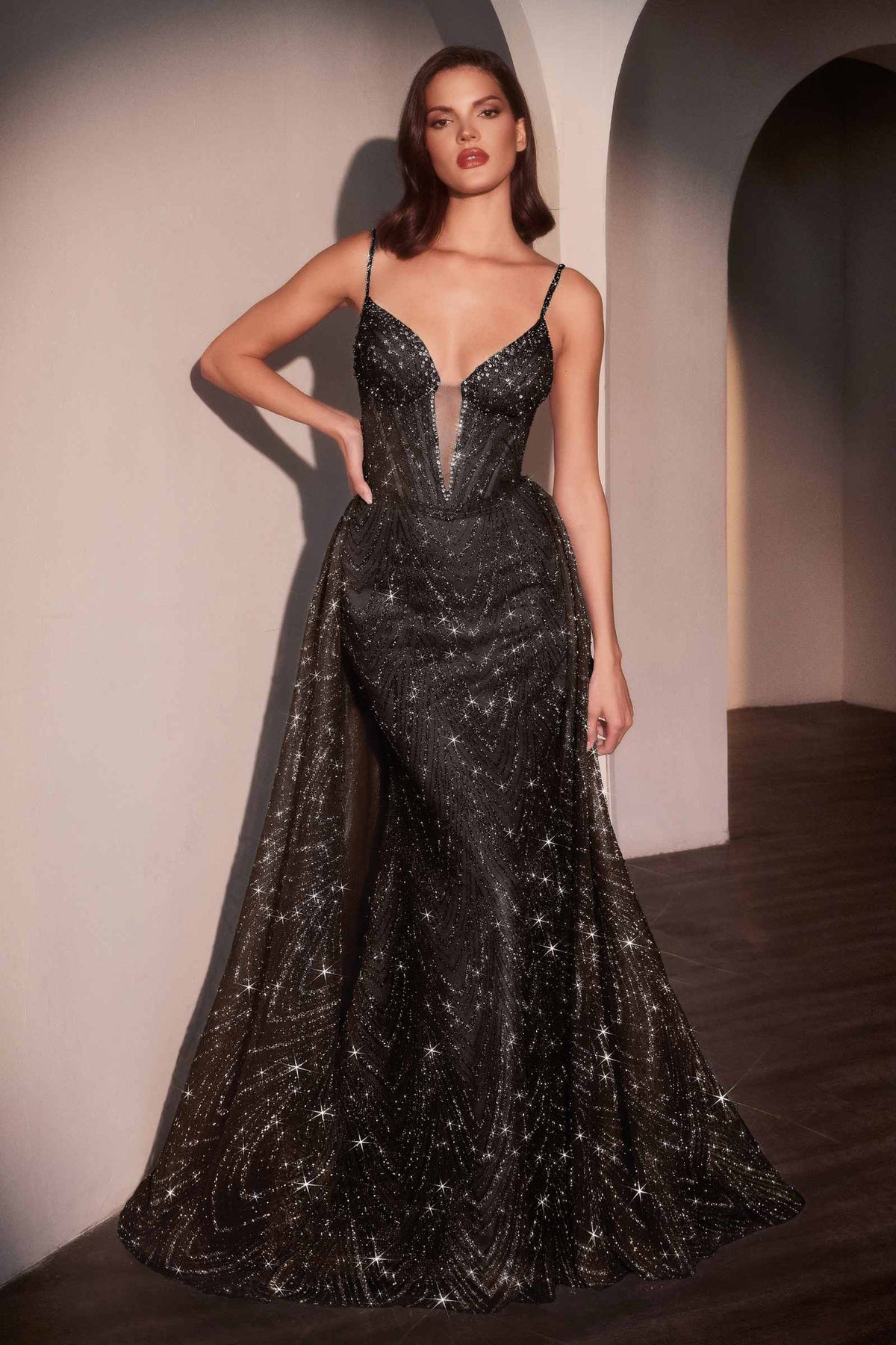 Ladivine C167 Dress Glitter Printed Fitted Gown With Overskirt