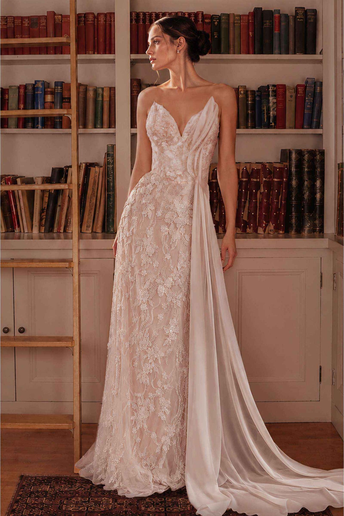 Ladivine CB168W Fitted Bridal Gown Plunging Neckline Side Sash Panel