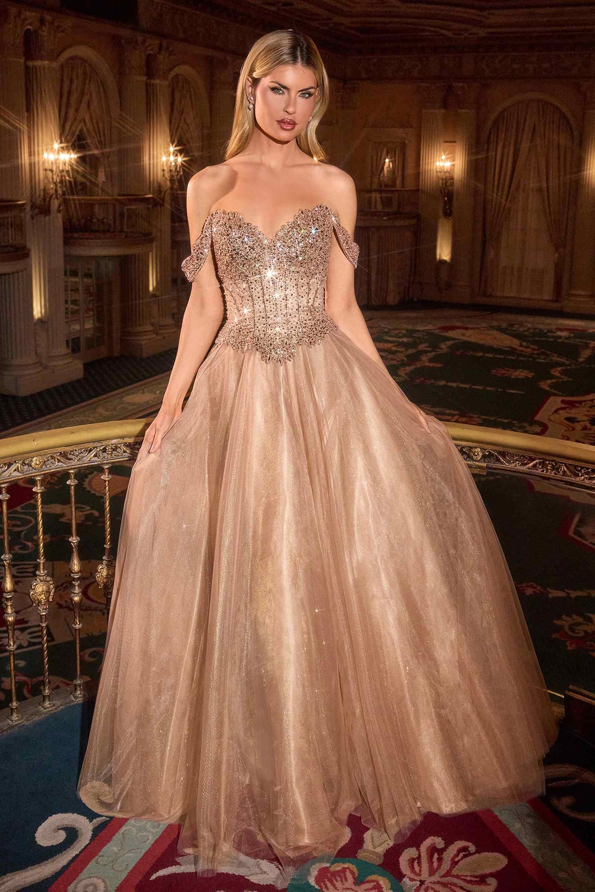 Ladivine CC471 Off Shoulder Glitter Tulle Corset Bodice A-line Ball Gown