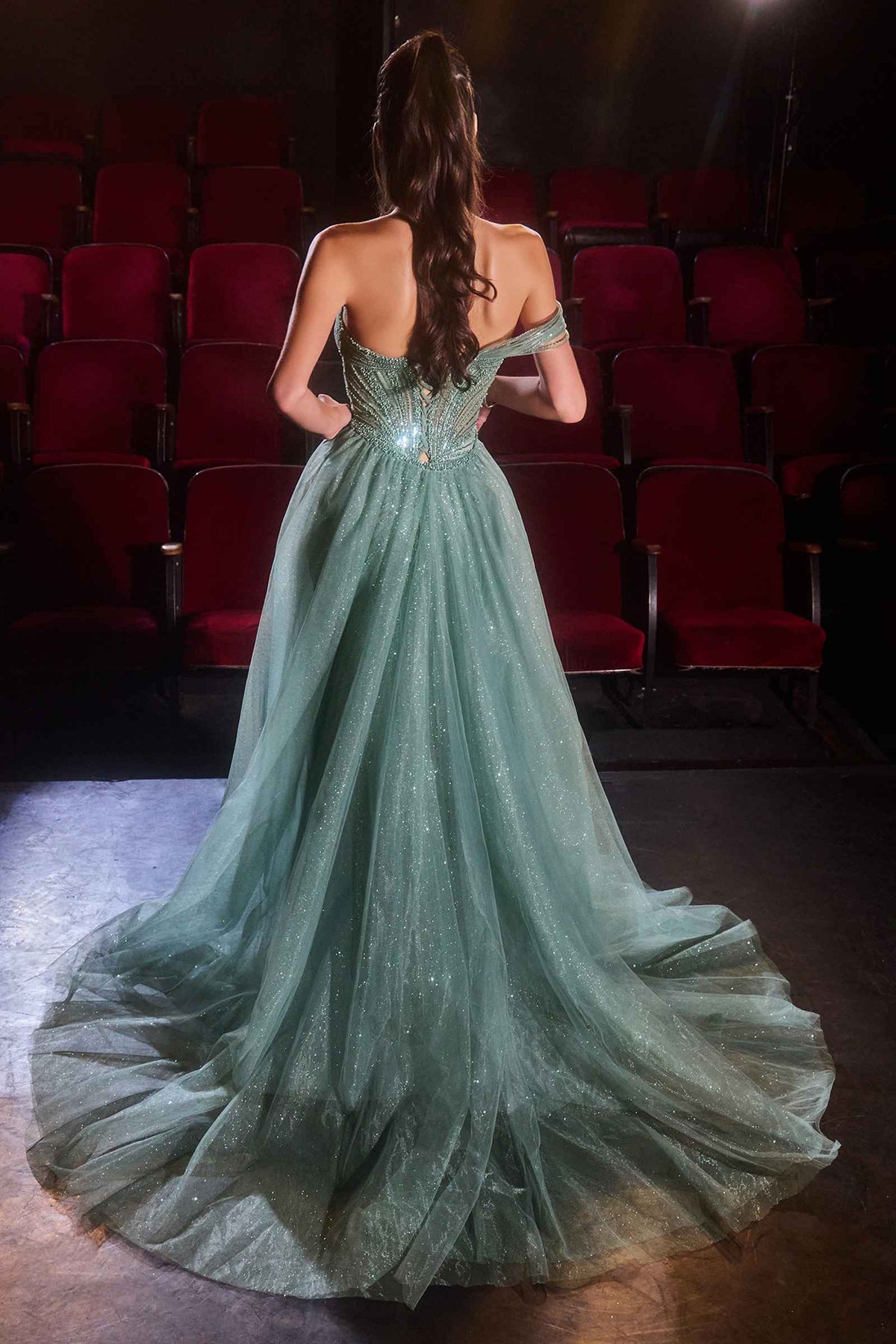 Ladivine CC506 Strapless Embellished Fitted Gown with Tulle Overskirt