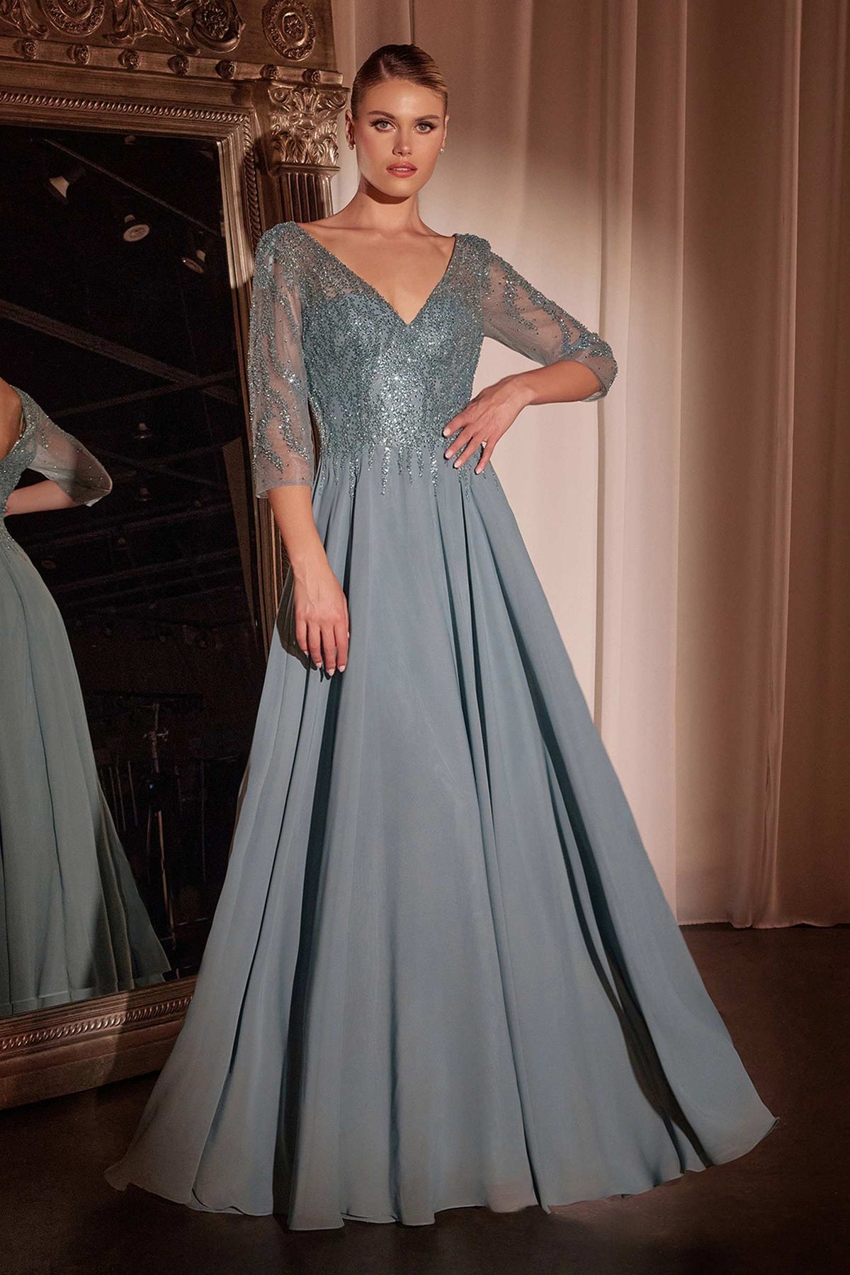 Cinderella Divine CD0171 Flowy Chiffon A-Line Gown 3/4 Length Sleeves