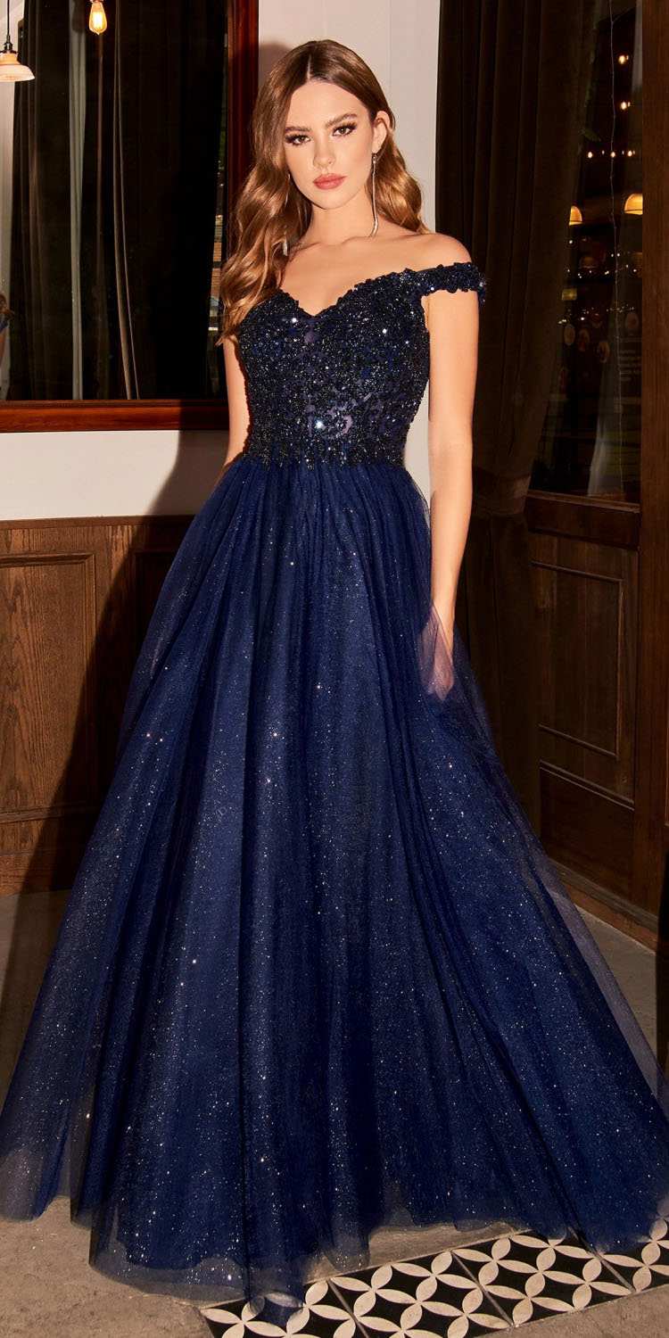 Cinderella Divine CD0177 Glitter Tulle A-Line Ball Gown Off the Shoulder