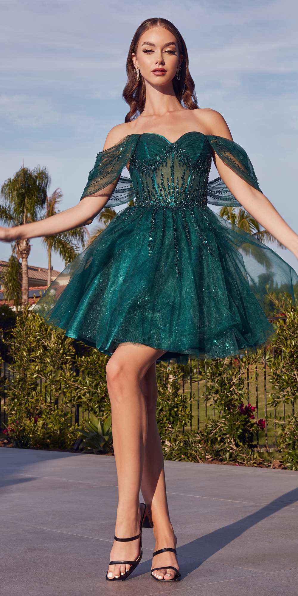 CLEARANCE - Ladivine CD0211 Off The Shoulder Embellished A-Line Smokey Blue Dress (Size XXS)