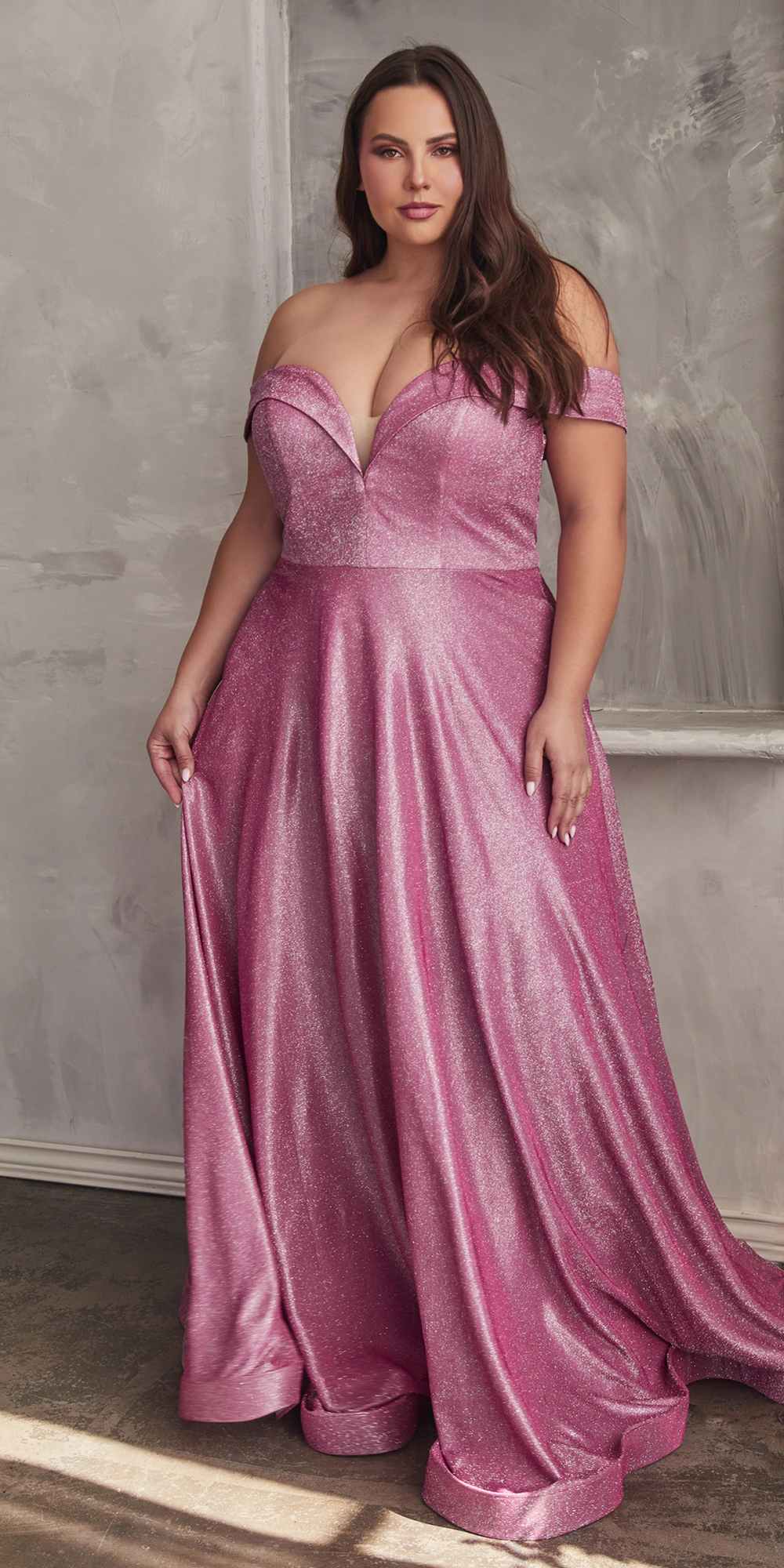 Cinderella Divine CD210C Off The Shoulder A-Line Gown Metallic Glitter