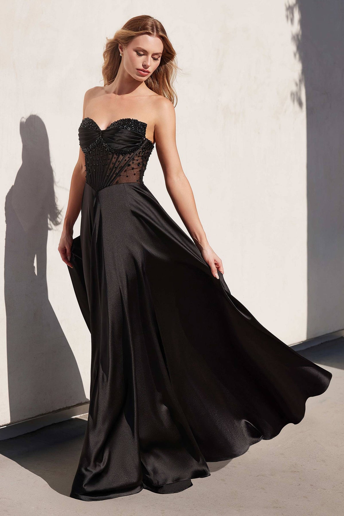 Ladivine CD297 Dress Strapless Beaded Satin A-Line Prom Gown
