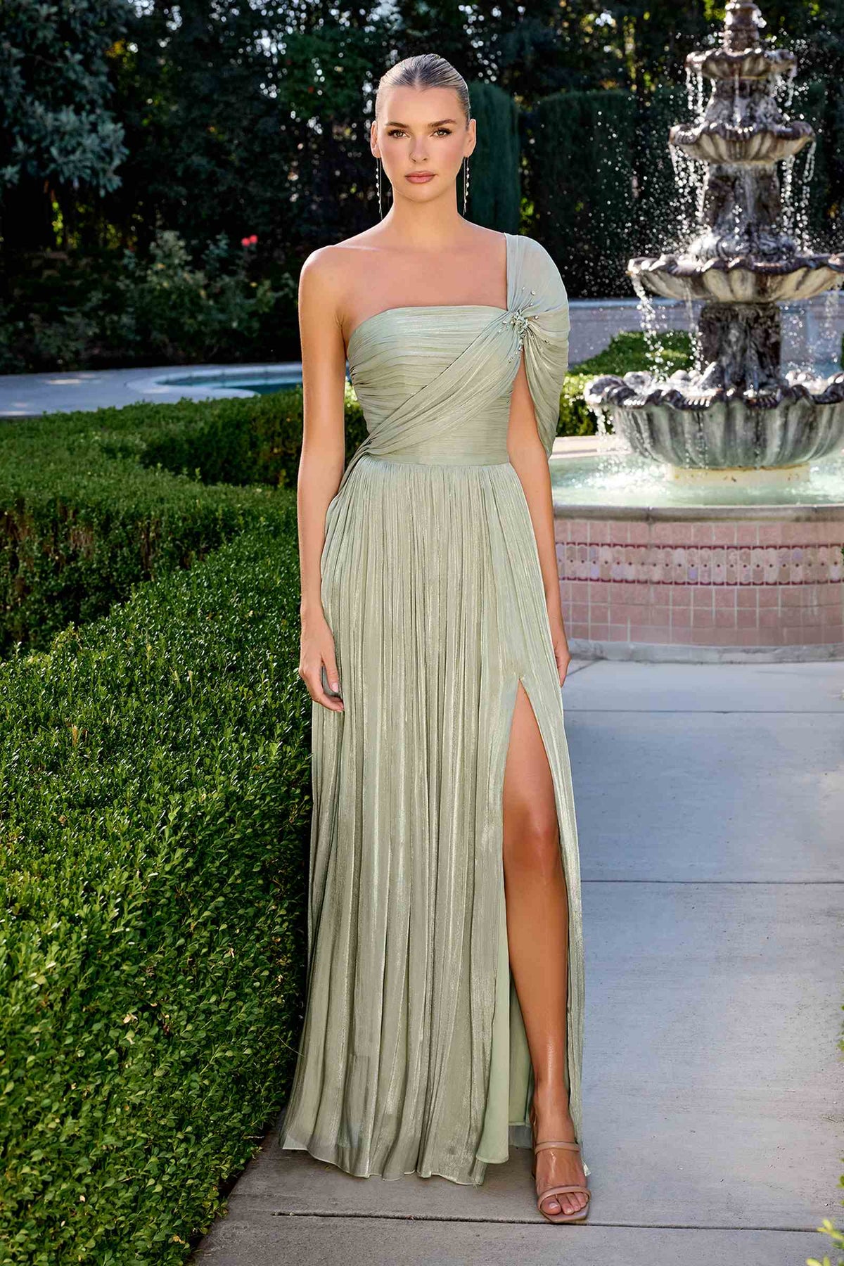Ladivine CD418 One Shoulder A-Line Pleated Luminescent Chiffon Gown