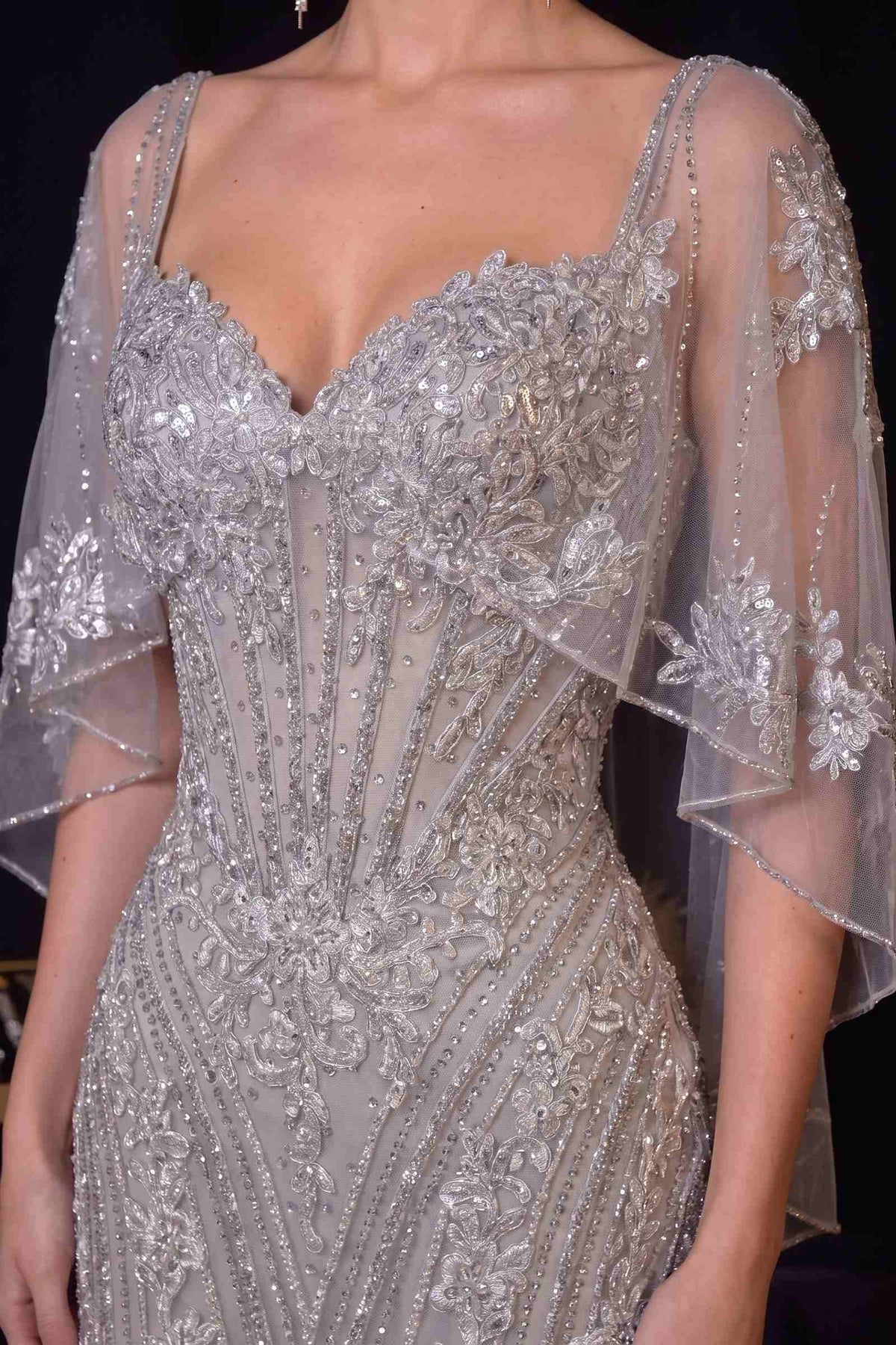 Ladivine CD637 Fitted Metallic Lace Dress with Cape