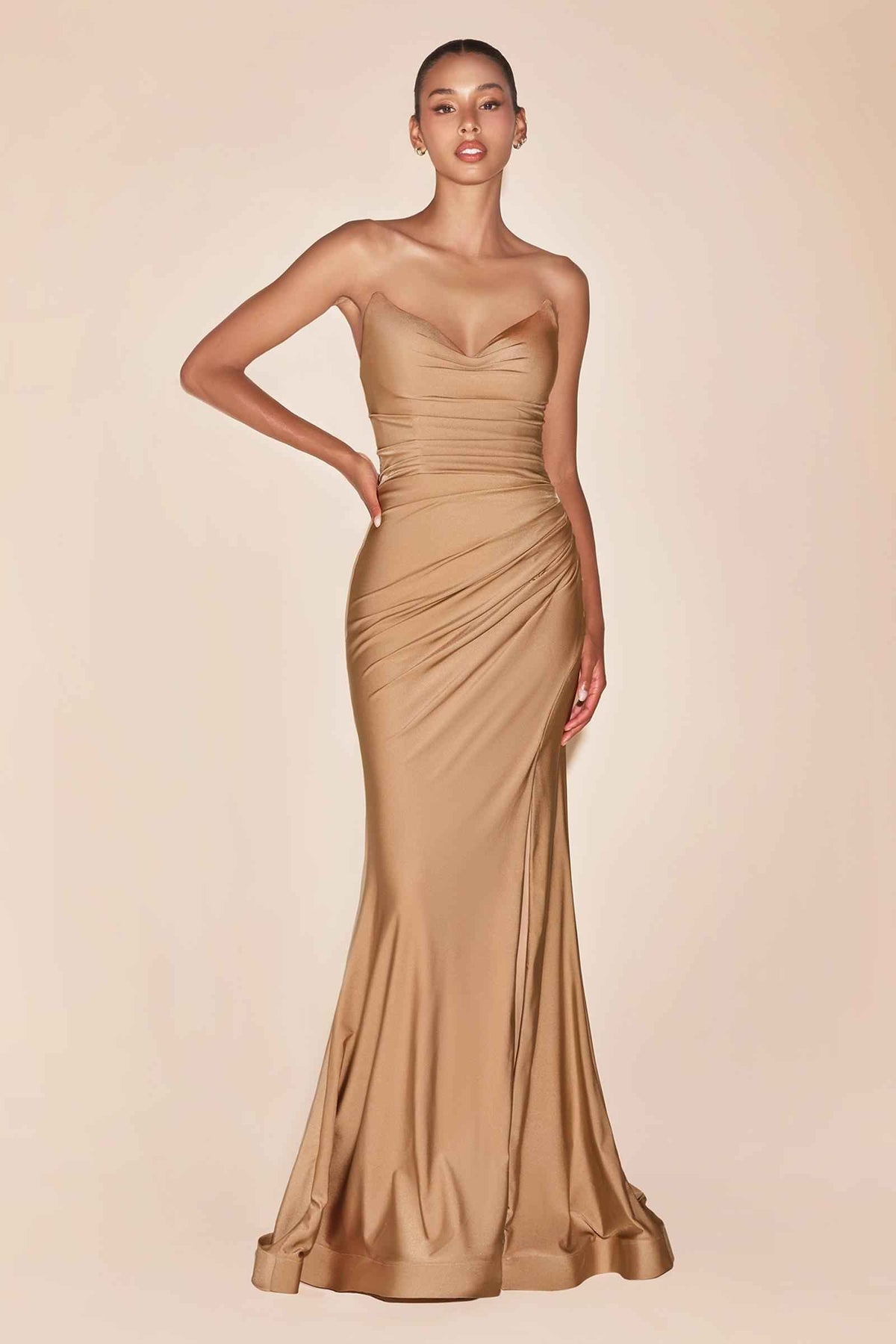 CLEARANCE - Ladivine CD791 Dress Strapless Stretch Satin Fitted Dusty Rose Gown (Size 8)