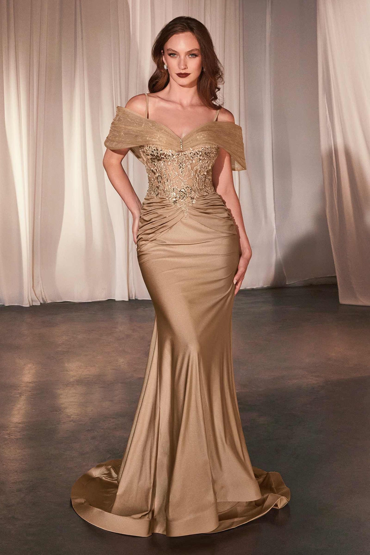 Ladivine CD798 Fitted Satin & Lace Gown With Off The Shoulder Accessory