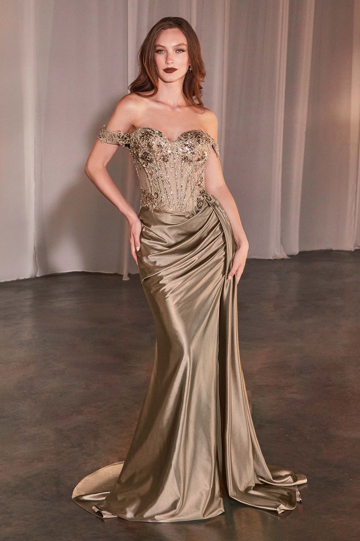 CLEARANCE - Ladivine CD803 Off The Shoulder Lace & Satin Fitted Mocha/Gold Gown (Size 4)