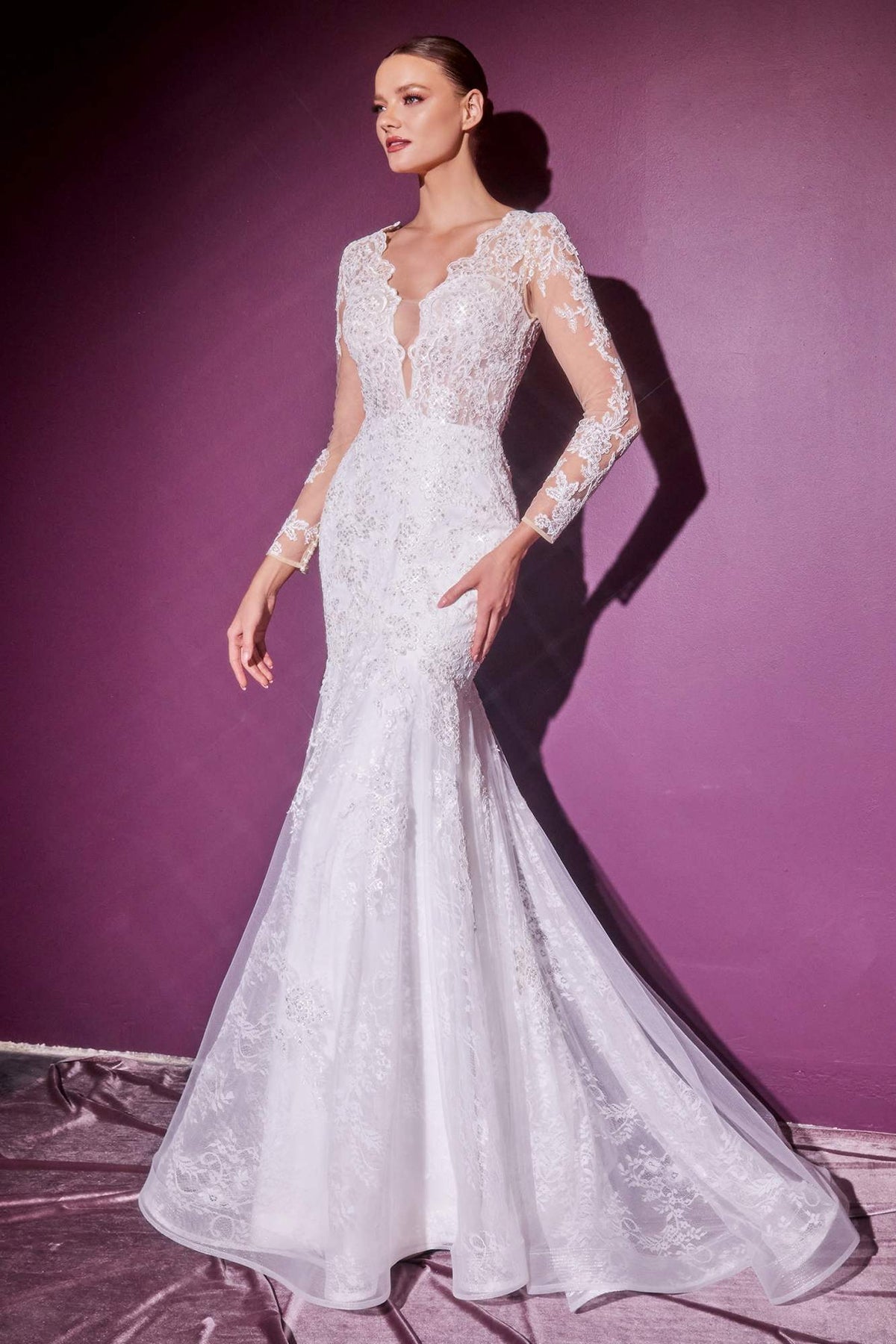 Cinderella Divine CD951W Lace Mermaid Gown With Long Illusion Sleeves