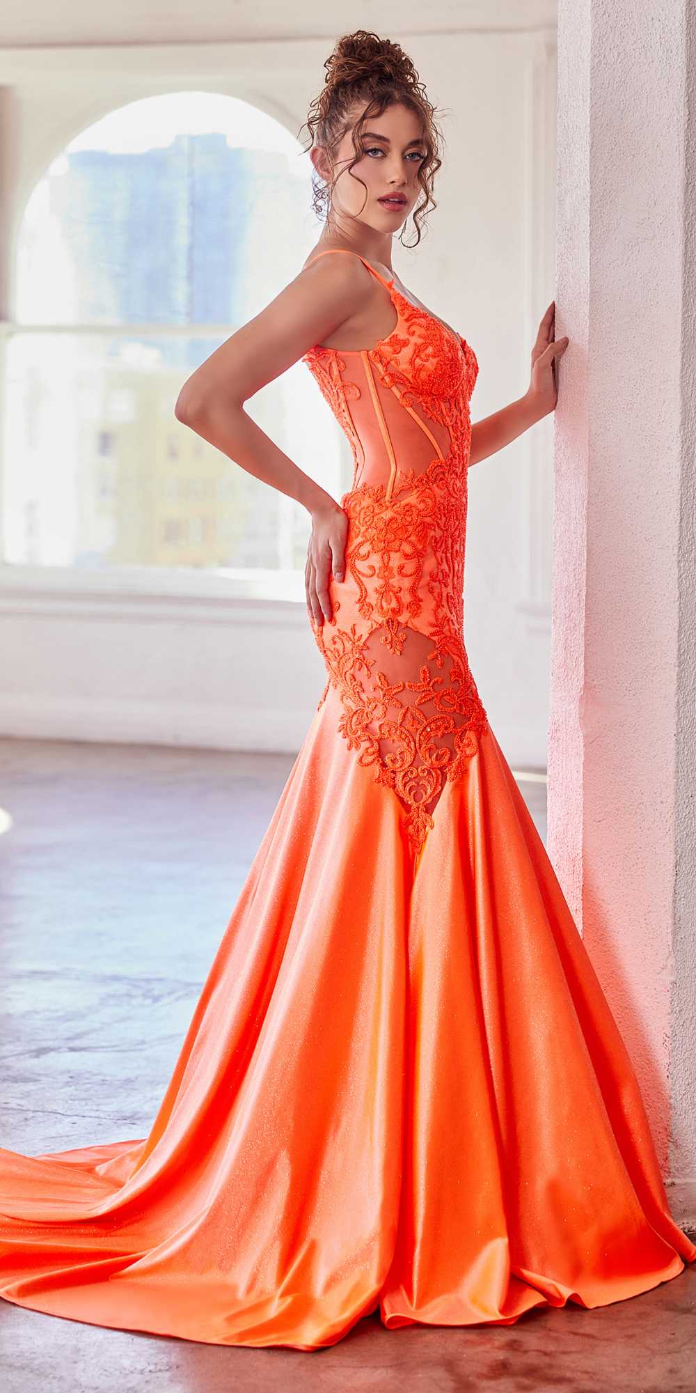 Ladivine CDS470 Long Stretch Satin and Glitter Boned Mermaid Gown