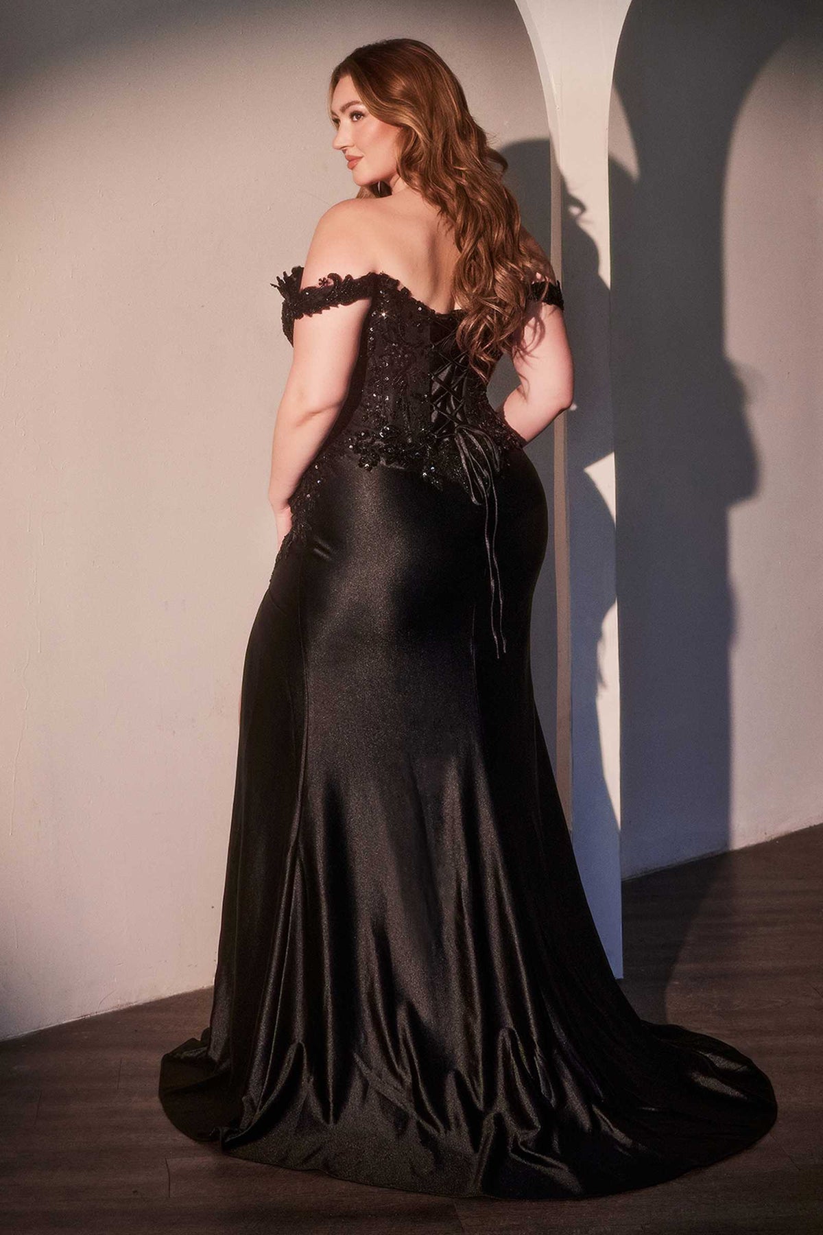 Ladivine CDS537C Off The Shoulder Lace & Satin Curve Dress