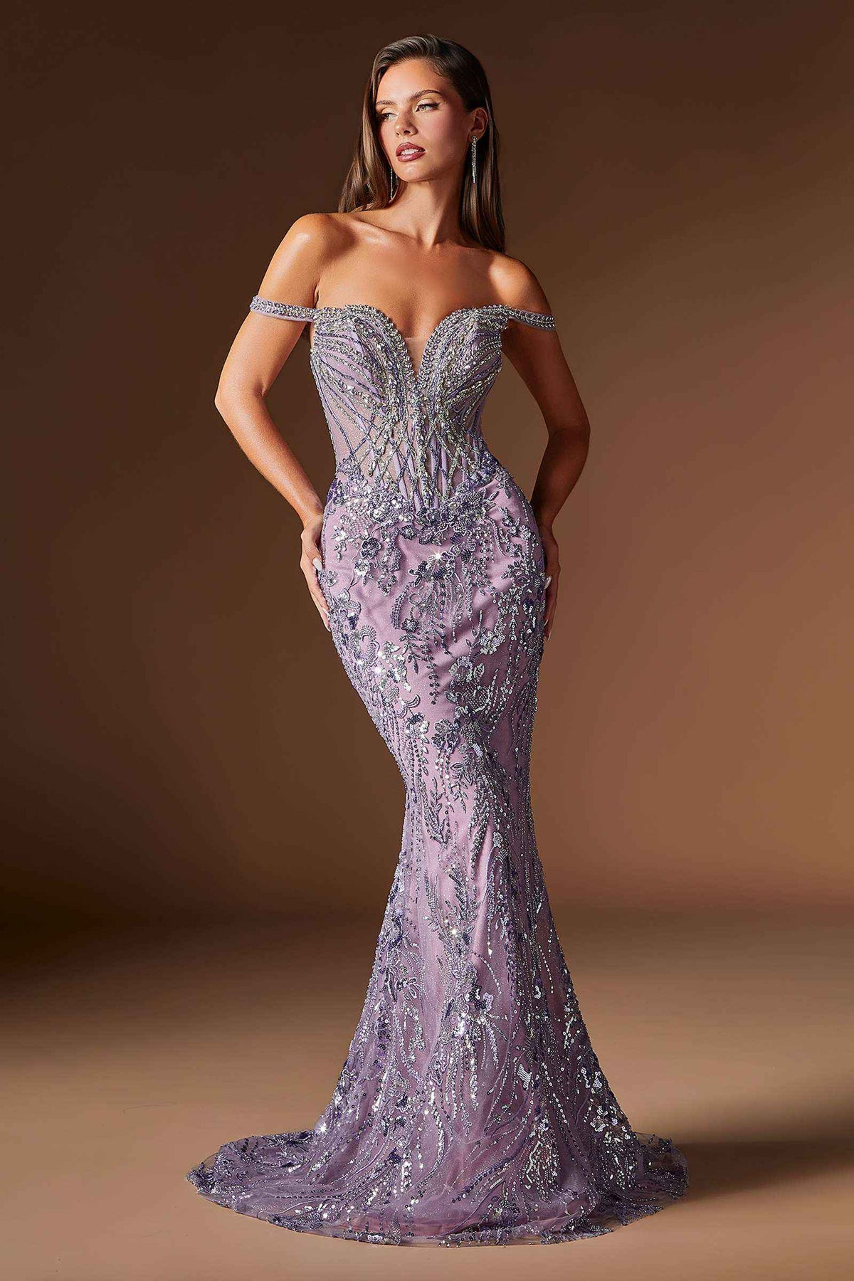 Ladivine CDS570 Fitted Formal Off Shoulder Gown with Detachable Skirt