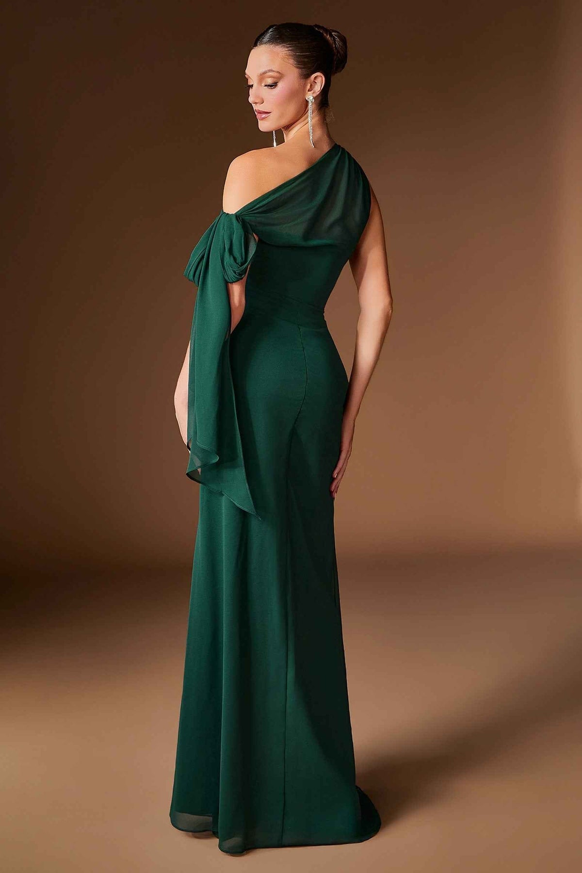 CLEARANCE - Ladivine CH2612 One Shoulder Emerald Chiffon Formal Gown (Size 6)