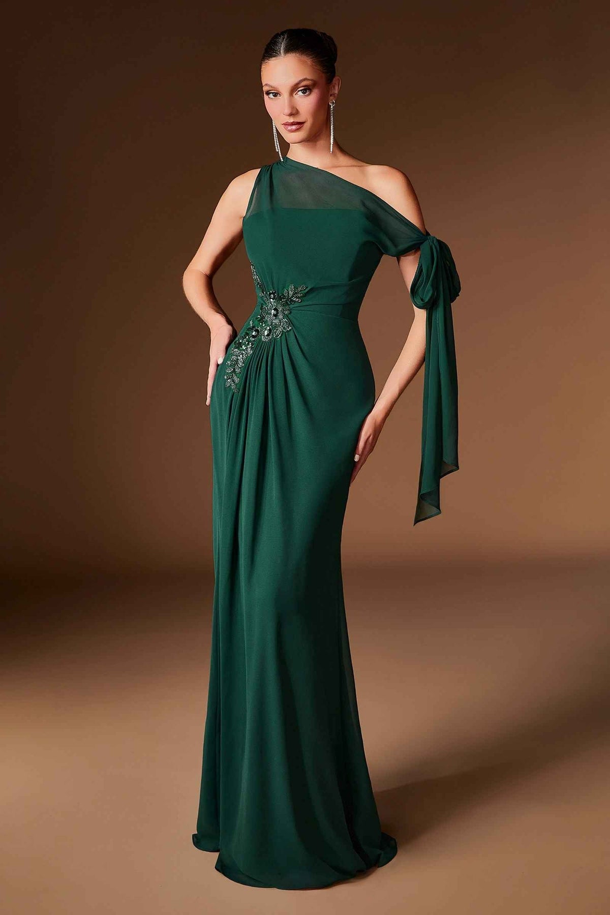 CLEARANCE - Ladivine CH2612 One Shoulder Emerald Chiffon Formal Gown (Size 6)