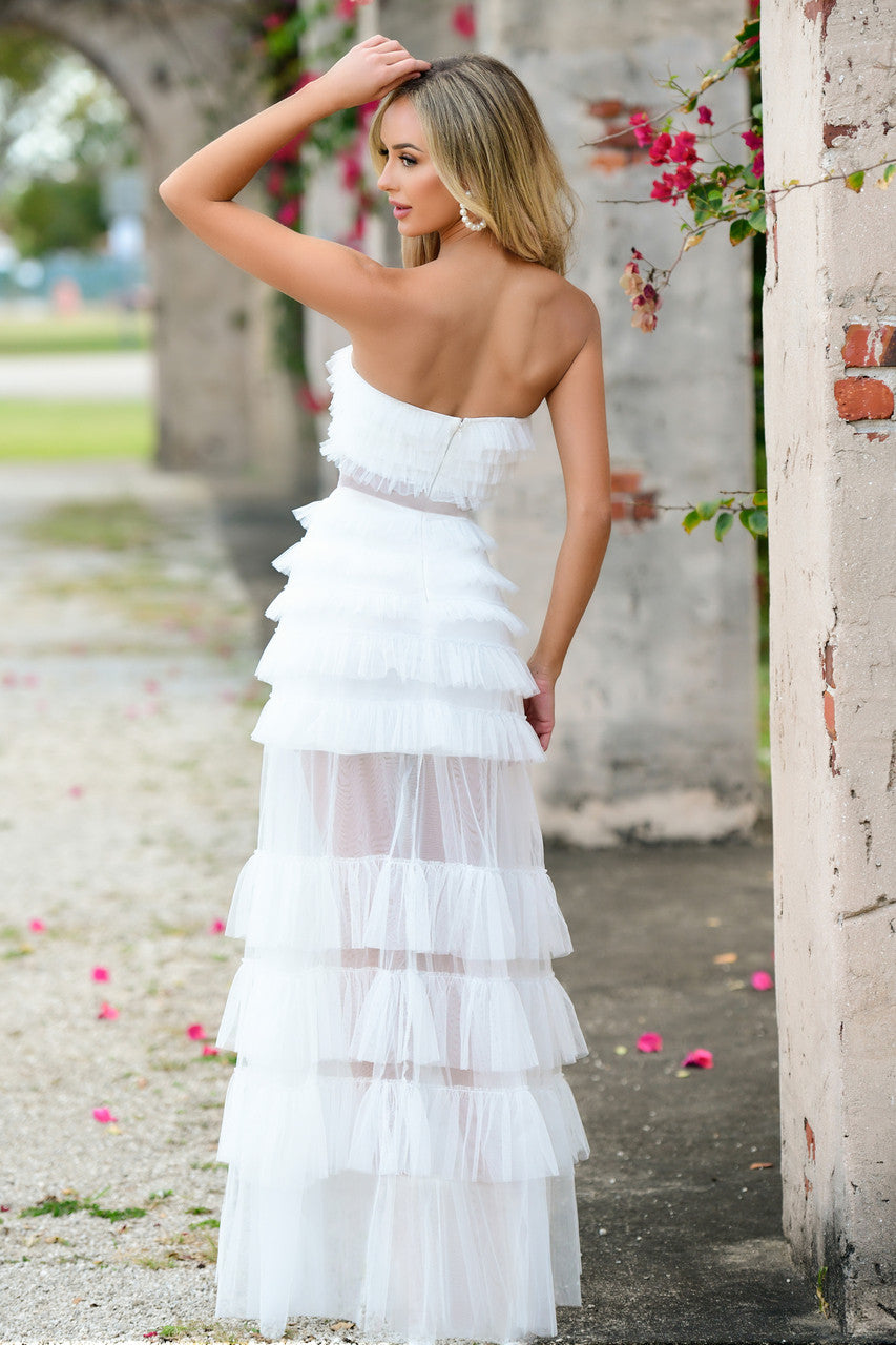 Size XL, Georgia Maxi Dress - White - Ruffle Tulle Dress With Sheer Detail - FINAL SALE