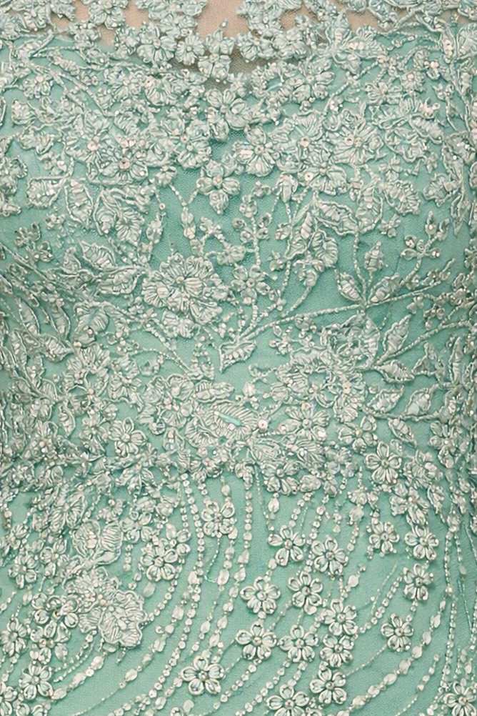 Long Sleeve Gown with Overskirt & Illusion Neckline