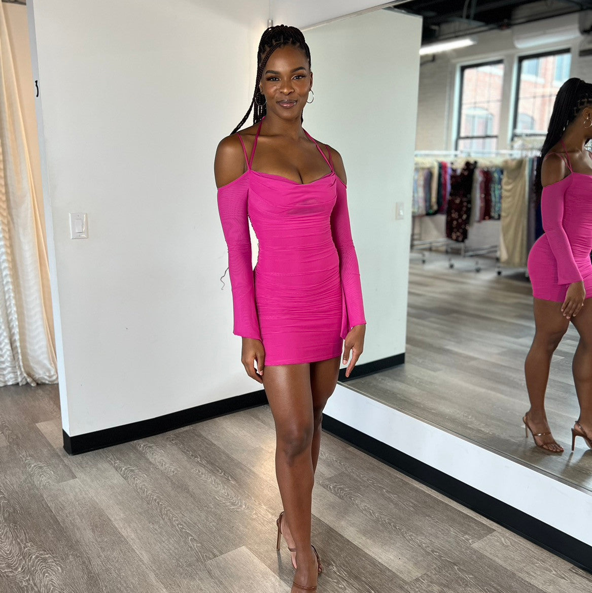 Zoe Mini Dress - Hot Pink - Long Sleeve Short Dress - FINAL SALE