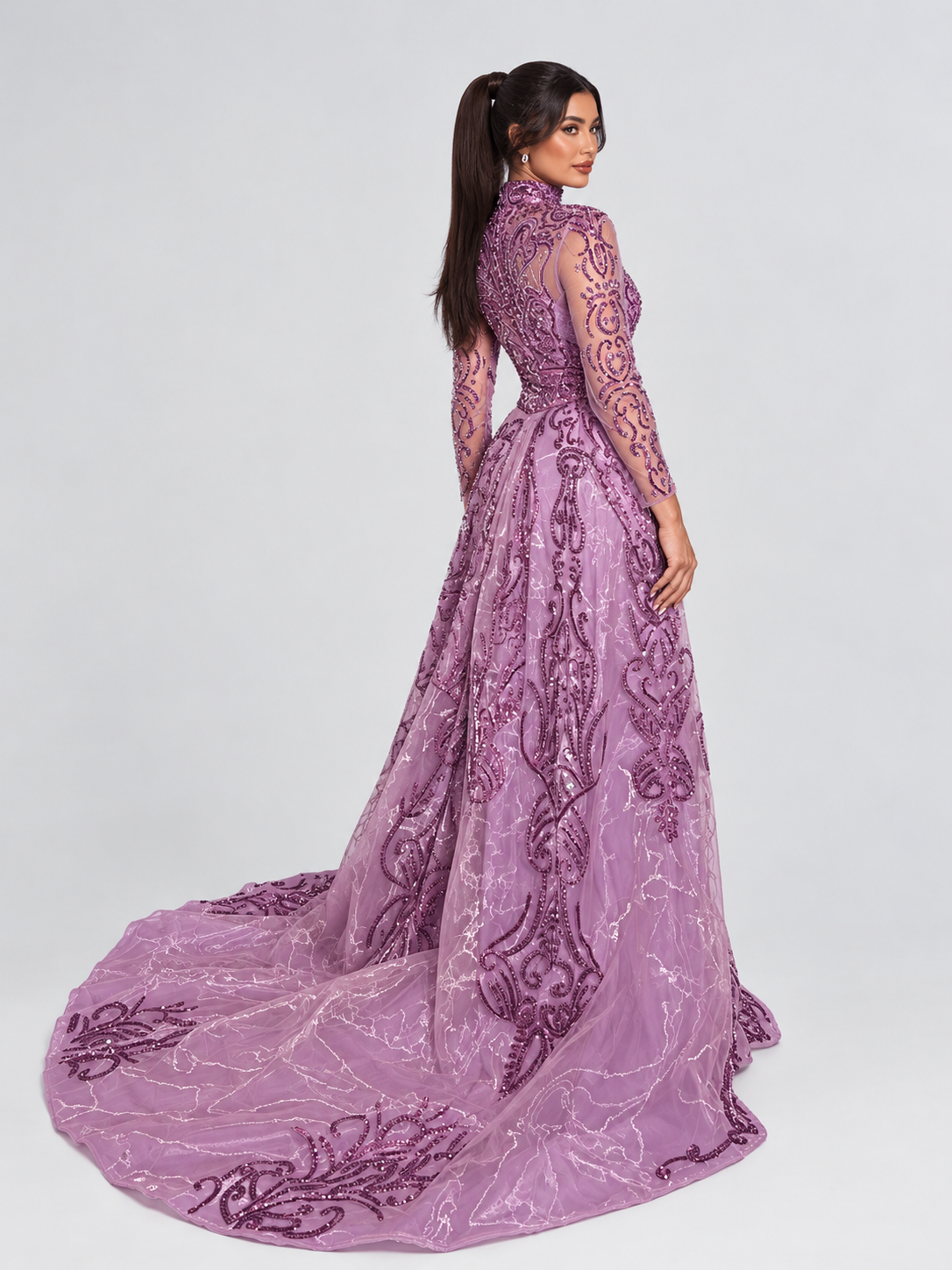 Deema High Neckline Tulle Embroidered Dress