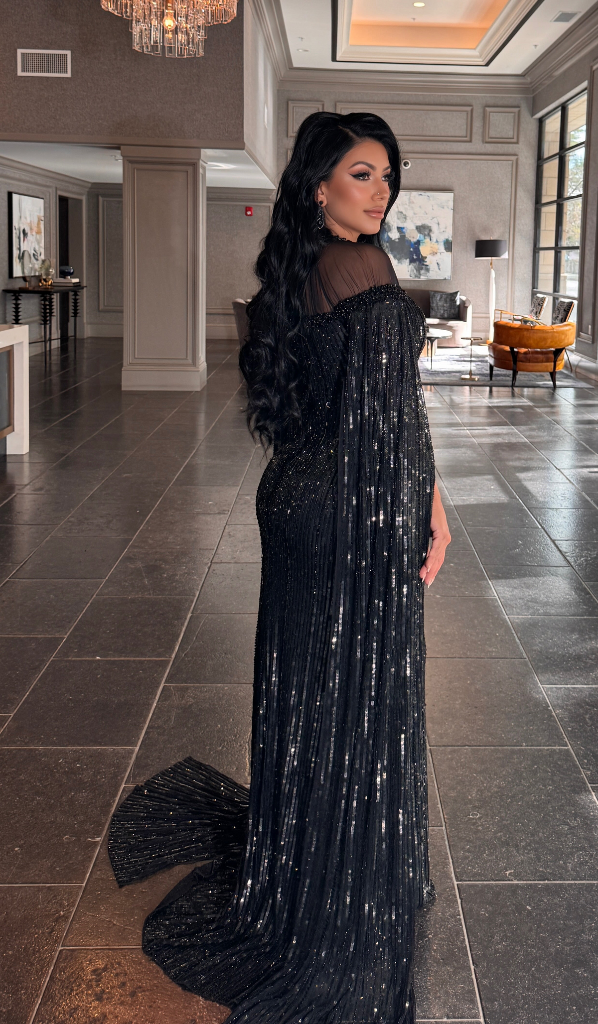 Hosna Long Sleeve drape Sequin Embellished Modest Dress – SARAH FASHION