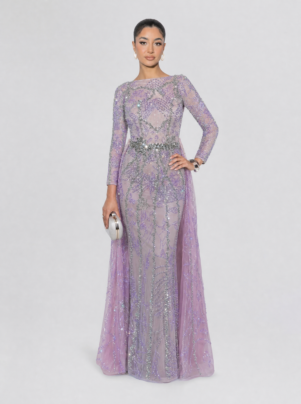 Fariza Long Sleeve Modest Beaded Embellished Evening Dress
