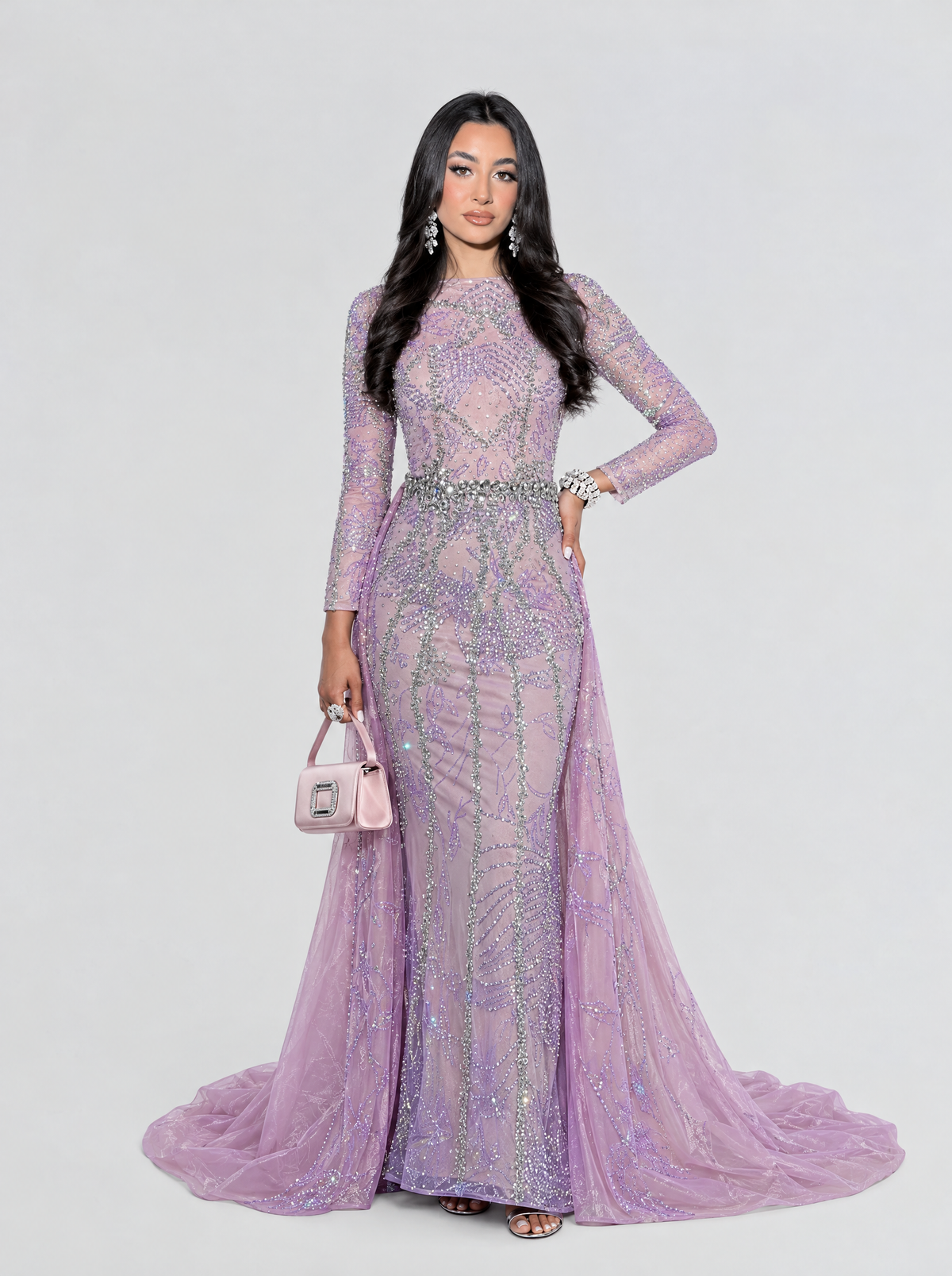 Fariza Long Sleeve Modest Beaded Embellished Evening Dress