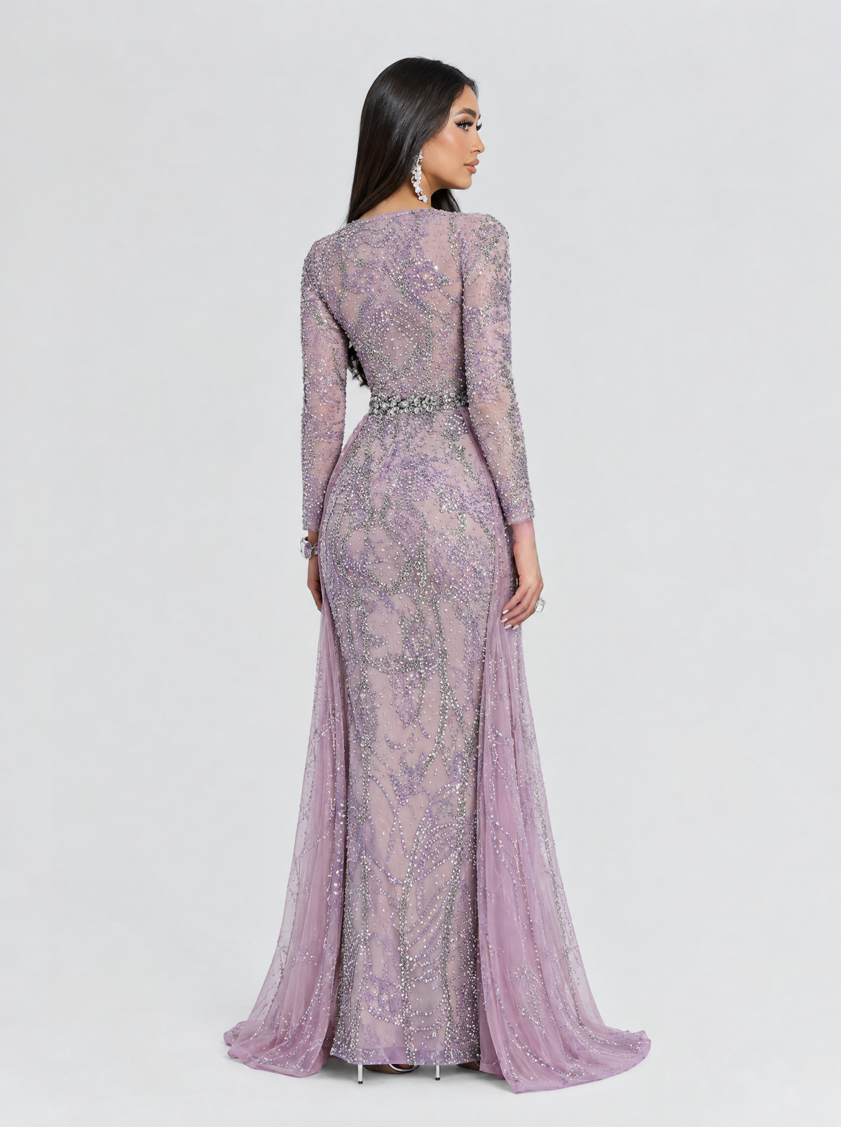 Fariza Long Sleeve Modest Beaded Embellished Evening Dress