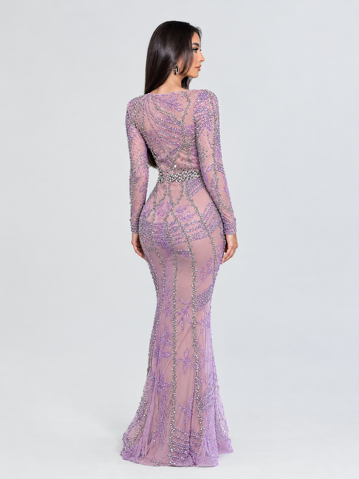 Fariza Long Sleeve Modest Beaded Embellished Evening Dress