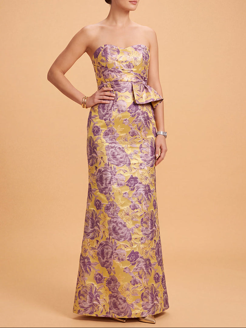 Lara Strapless Brocade Gown with Peplum Detail | 400014