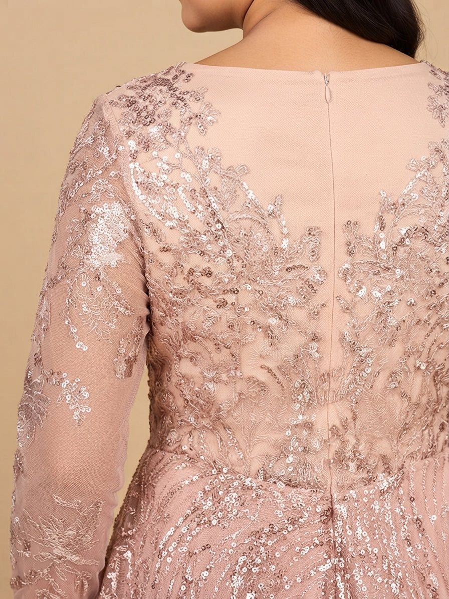 Long Sleeve Gown with Overskirt & Illusion Neckline