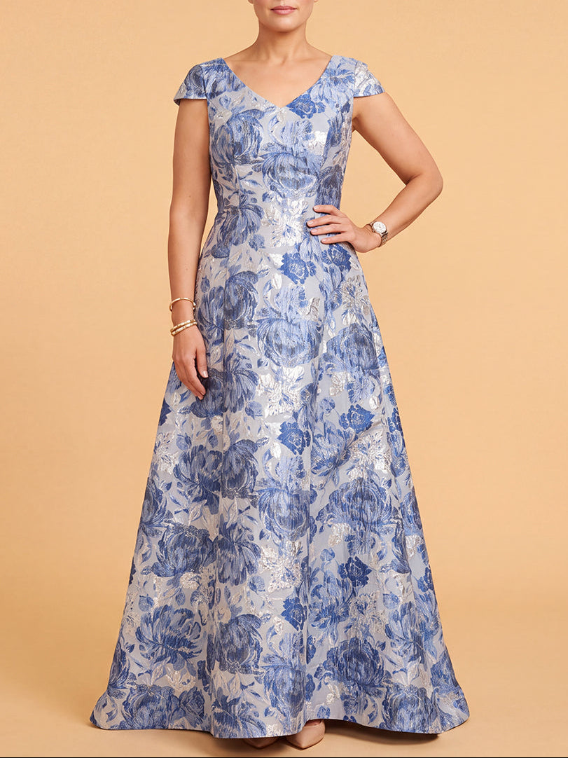 Lara A-line Brocade Gown with Cap Sleeves | 400013