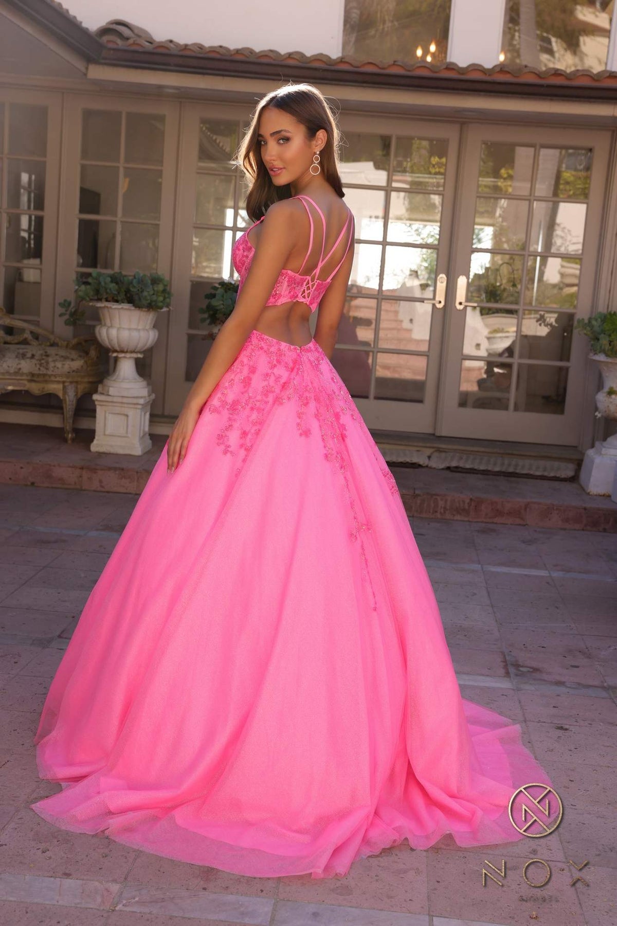 Nox Anabel H1357 Plunging Illusion Neckline Corset A-Line Ballgown