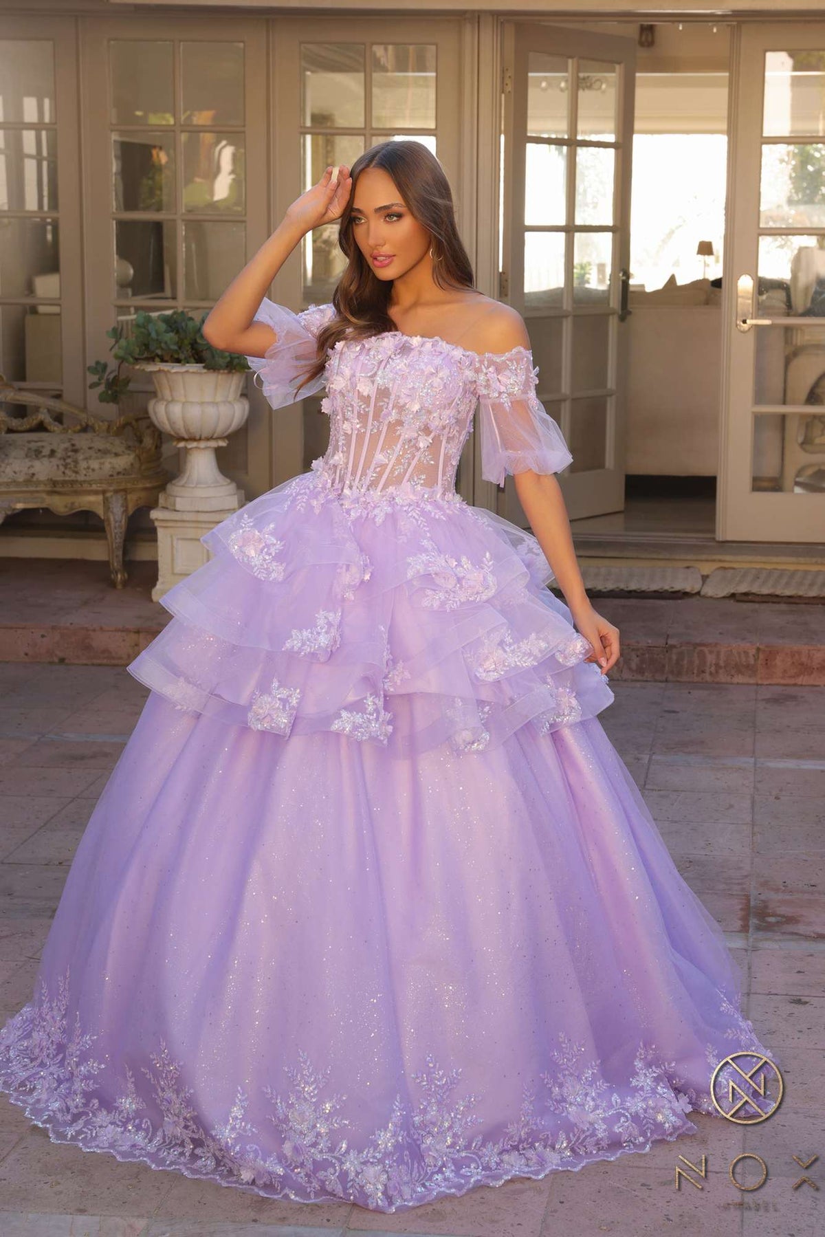 Nox Anabel H1360 Off the Shoulder 3D Floral A-Line Gown Removable Skirt