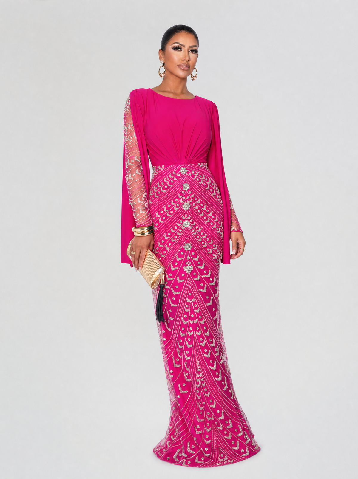 Hosai Embellished Dramatic Long Sleeve Modest Evening Dress