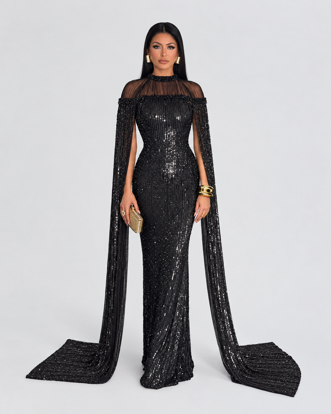 Hosna Long Sleeve drape Sequin Embellished Modest Dress