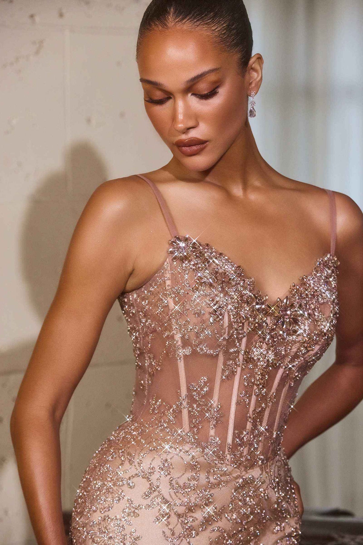 CLEARANCE - Ladivine J889 Hand Placed Applique Shimmering Sequin Fitted Gown (Size 10)
