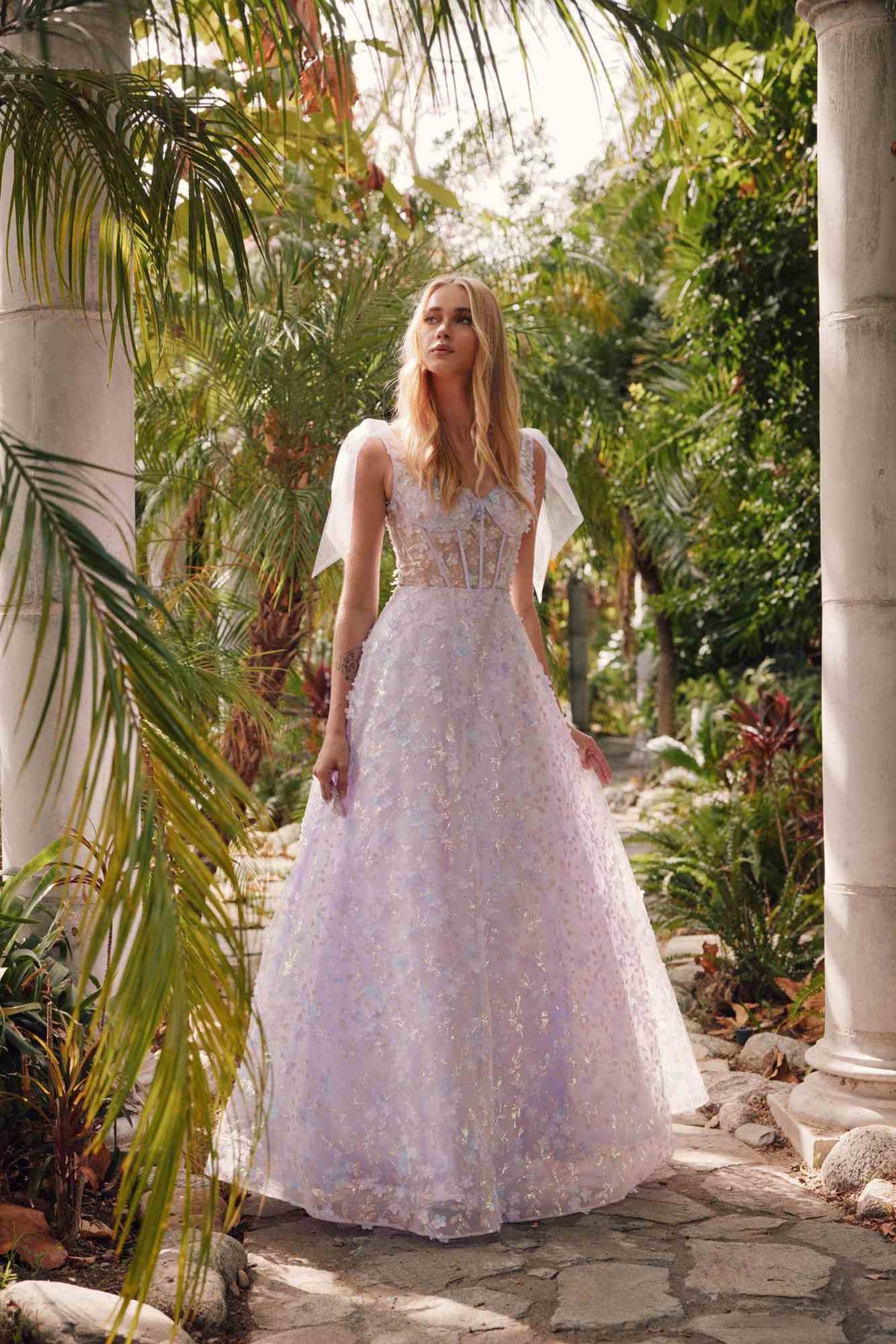 Juliet JT2439K Long 3D Floral Glitter Print Sleeveless A-line Gown