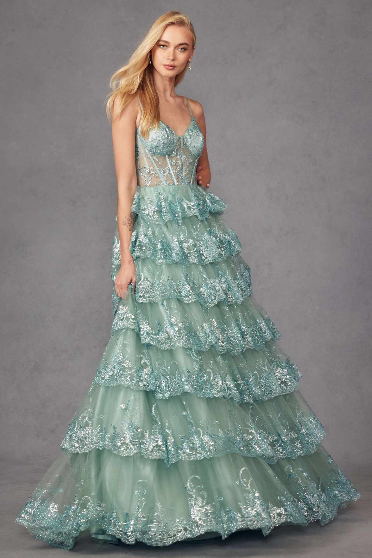 Juliet JT2454K Long Boned Bodice Tiered Layered Sequin Detail A-Line Gown