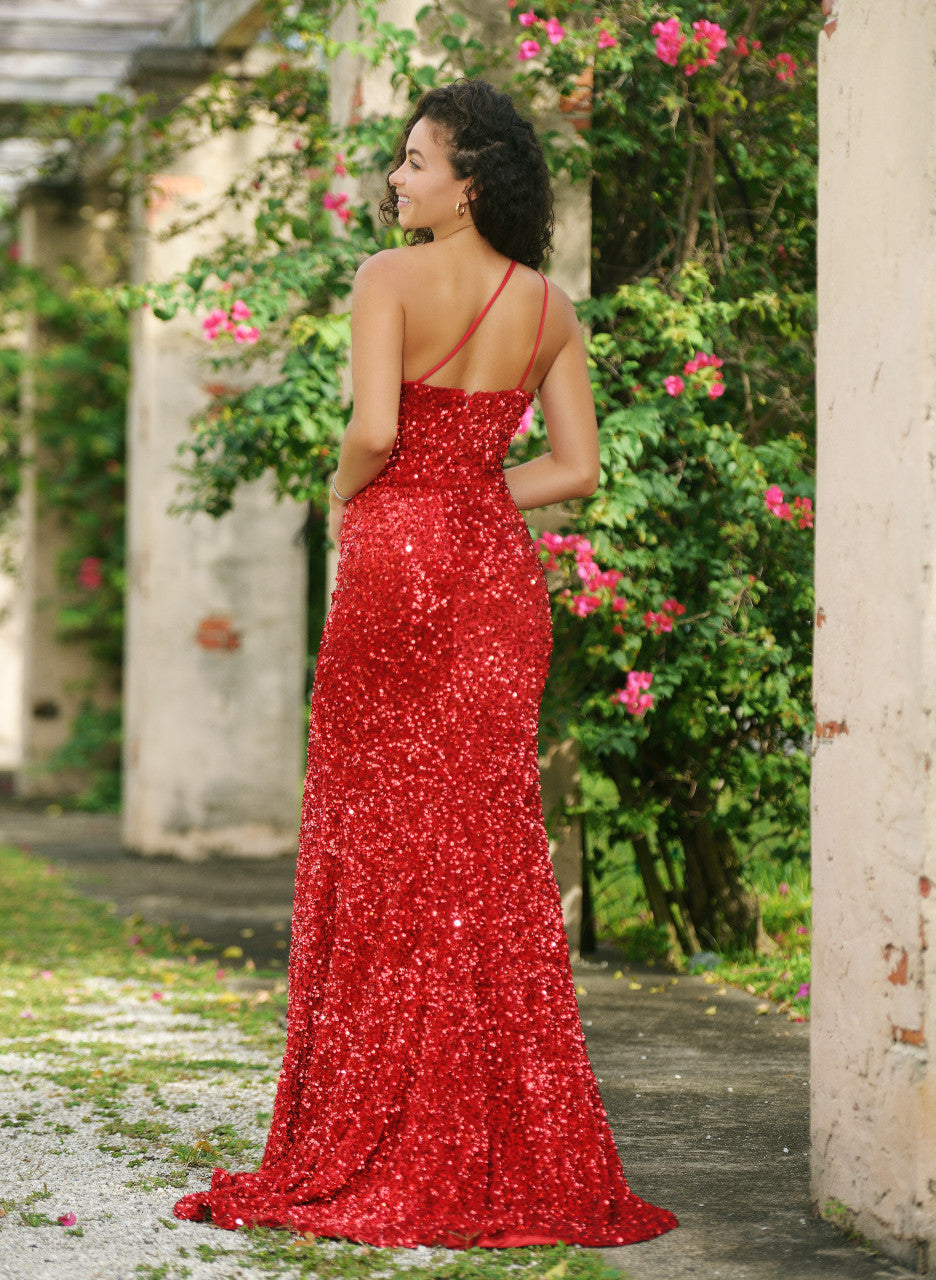 Size 4, Stardust One Shoulder Sequin Gown - Red - FINAL SALE
