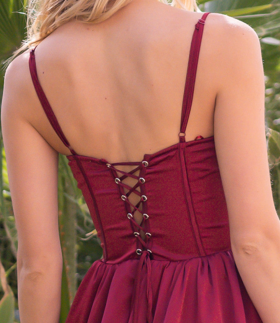 Maeve Corset Midi Dress - Burgundy Satin