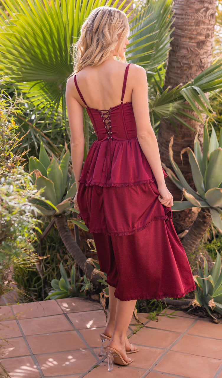 Maeve Corset Midi Dress - Burgundy Satin