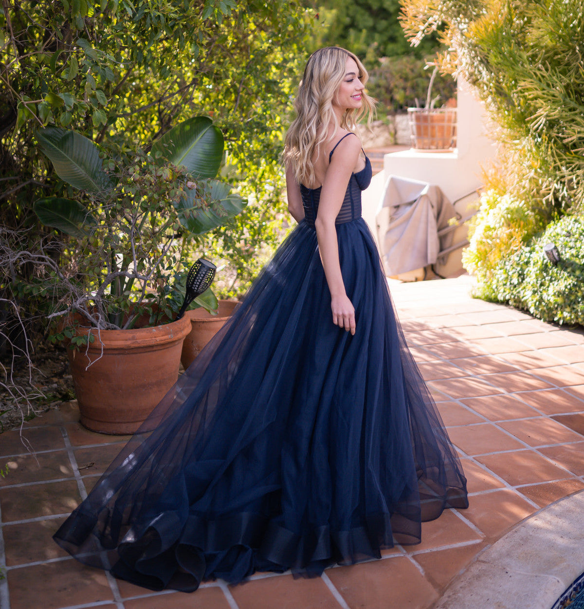 Yasmin Gown - Navy - Tulle A-line Dress With Pleated Bodice