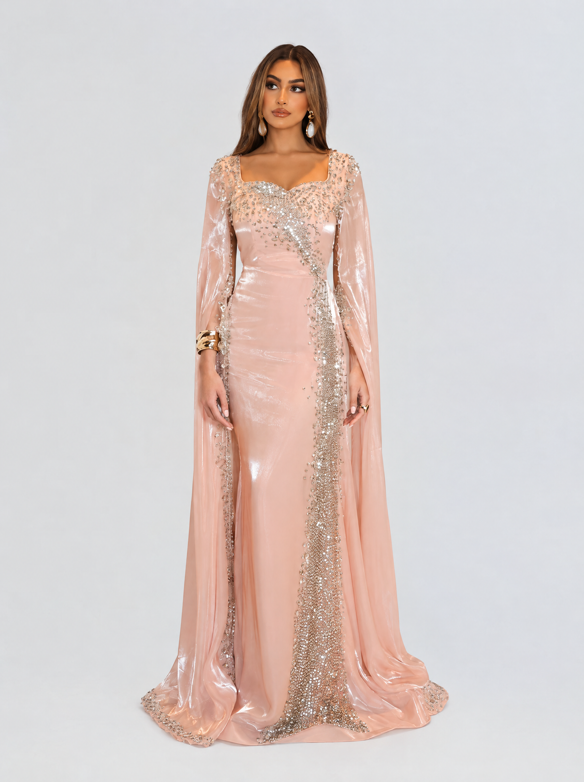 Munira Long Sleeve Organza Drape Sleeve Modest Dress