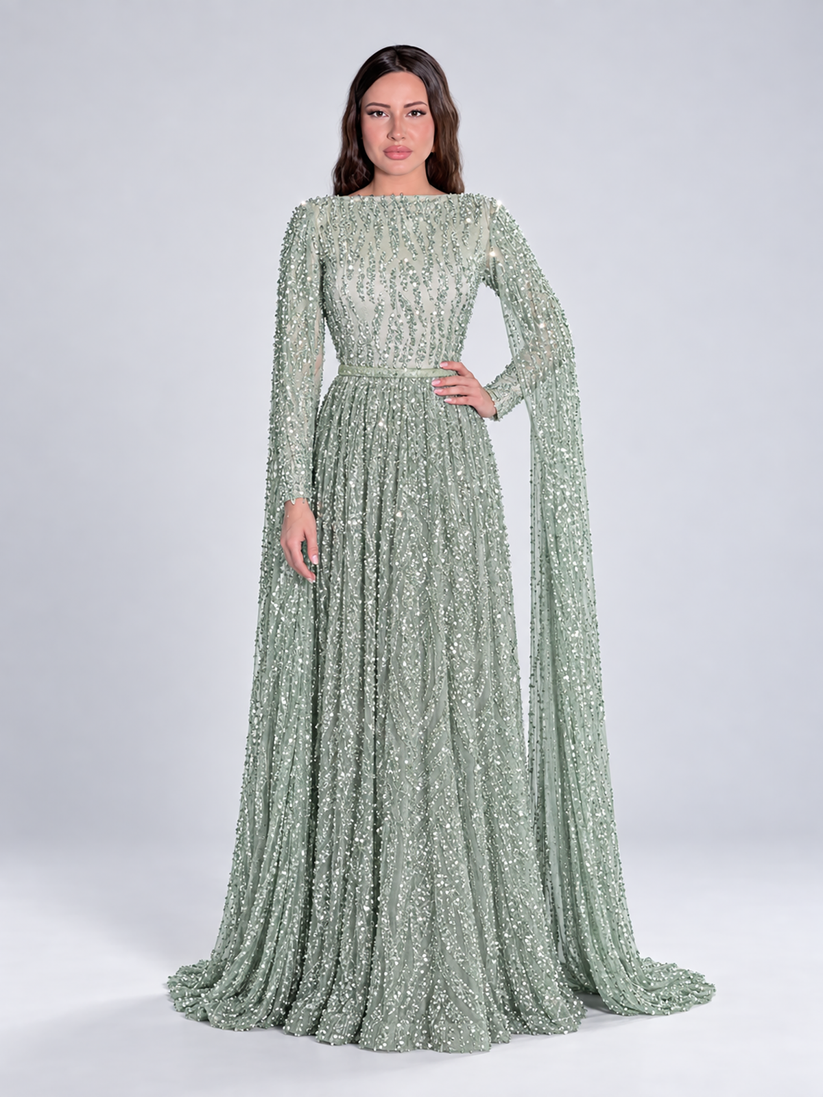 Nilah Modest A-Line Embellished Cape Sleeve Dress